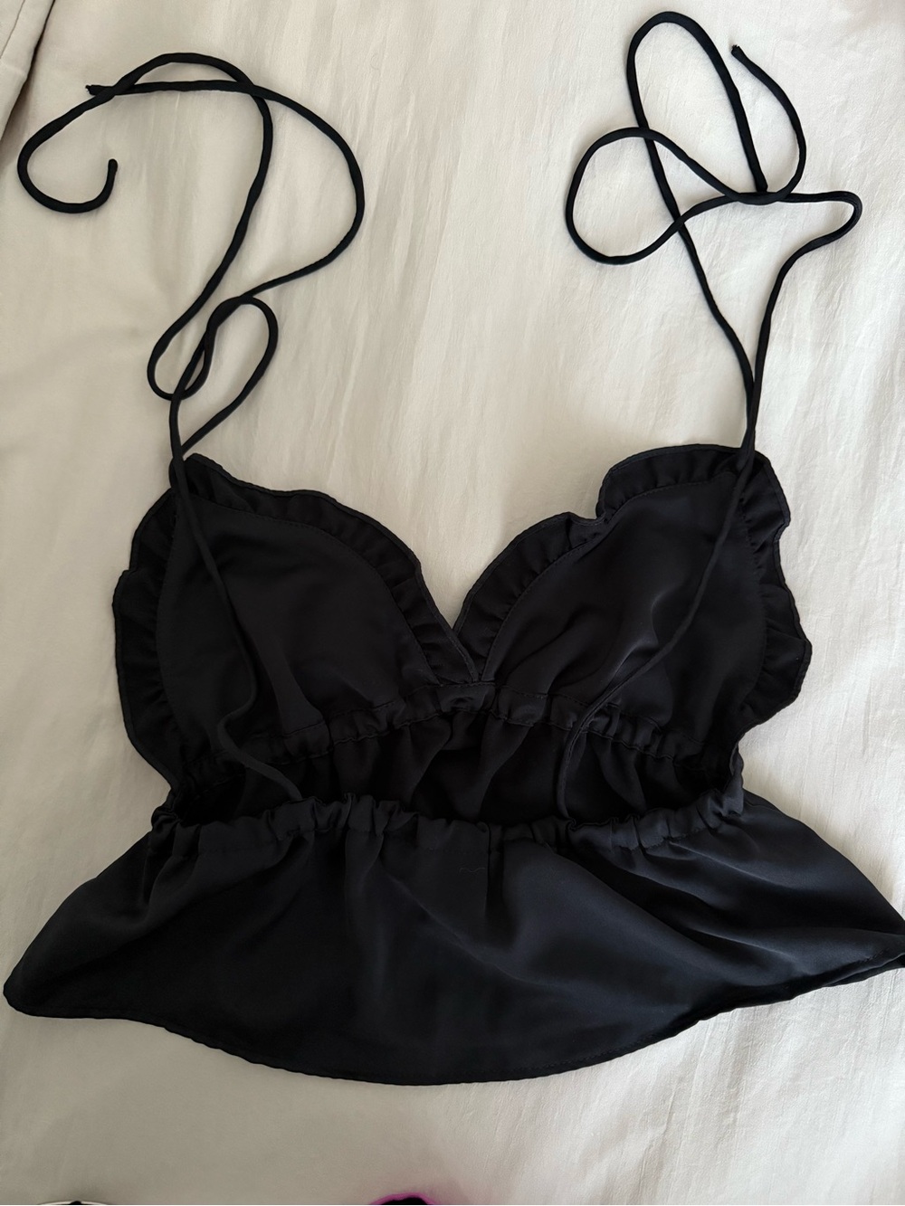 Motel Rocks Black Ruffle Tie-Strap Crop Top